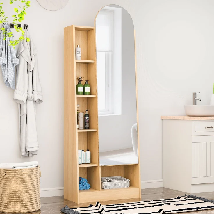 LVHOM Dielenschrank mit Ganzkörperspiegel 165cm hoch, Multifunktionaler Spiegelschrank aus Holz, schmaler Badezimmerschrank mit verstellbaren Böden, Natur – Bild 7