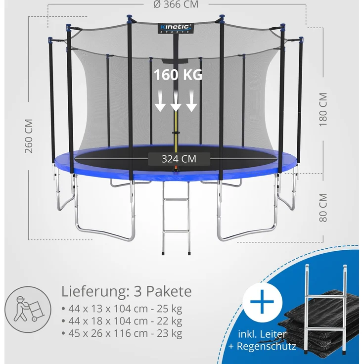 KINETIC SPORTS Trampolin Outdoor 'Salto Plus' - Komplett-Set für Kinder, USA Sprungtuch, Netz, Randpolster, Leiter, Blau-2, Ø 366 cm – Bild 7