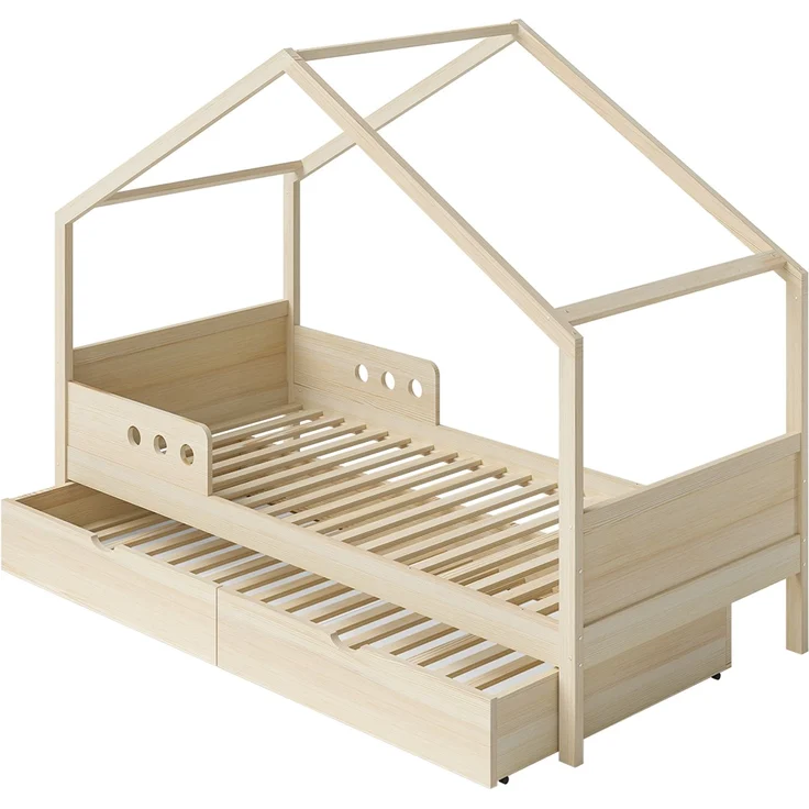Bellabino 'Bela' Hausbett 90x200 cm mit Gästebett 90x190 cm, natur, Kiefer Massivholz, Montessori Kinderbett mit Ausziehbett, inkl. Rausfallschutz und Lattenrost – Bild 2
