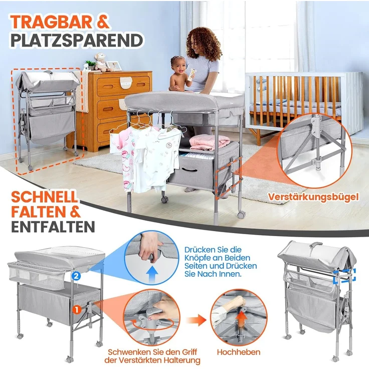 Orzbow Tragbarkeit Baby Wickelkommode mit Schubladen und Nachtlicht, Höhenverstellbare Mobiler Baby Wickeltisch Klappbar mit Sicherheitsgurt, Geräumiger Stauraum Baby Changing Table, Grau – Bild 4
