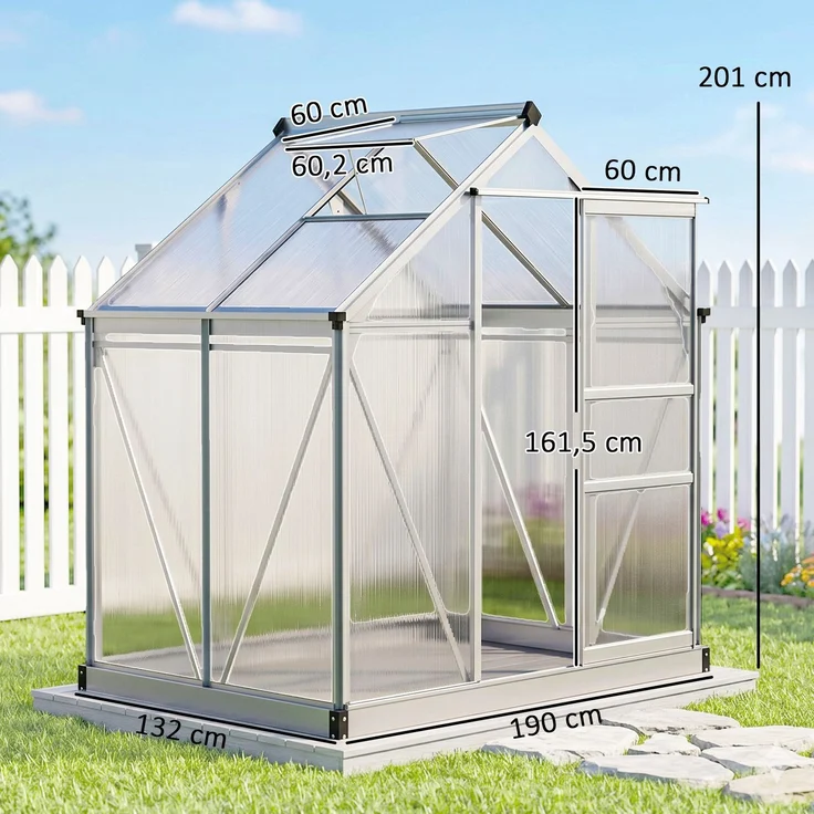 Outsunny Gewächshaus, Aluminiumlegierung, Polycarbonat, Silber, 190L x 132B x 201H cm – Bild 3