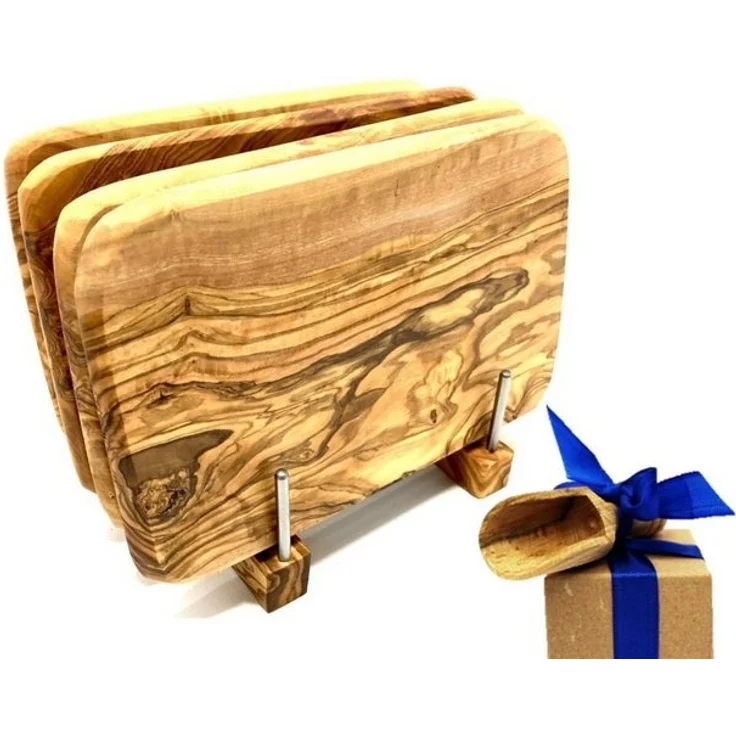 Olivenholz-erleben Frühstücksbrett Bretterständer inkl. 4 Frühstücksbretter Olivenholz 22 x 14 cm, Massivholz, (Set, 5-St, 1x Bretterhalter, 4 Frühstücksbretter, plus Überraschung), platzsparende Aufbewahrung für bis zu 4 Brettchen an einem Ort – Bild 2