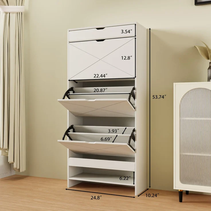 ZUBALIYA Schuhschrank (63 x 26 x 136,5 cm), 3 Schubladen, Aus MDF, Aufbewahrung für Schuhe, Hausschuhe und Schuhzubehör, Weiß – Bild 3