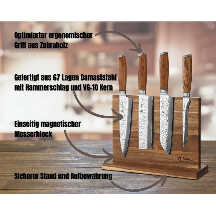 Wakoli Messer-Set Chef's Choice 4er Damast Küchenmesser Set & magnetischer Messerblock (5-tlg) – Bild 2