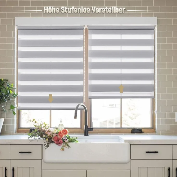 Deswell Doppelrollo Klemmfix ohne Bohren Grau B65 x H210 cm (Stoffbreite 61cm) Rollos für Fenster ohne Bohren für Fenster mit Lichtdurchlässig & Verdunkelnd/Höhe Stufenlos Verstellbar – Bild 2