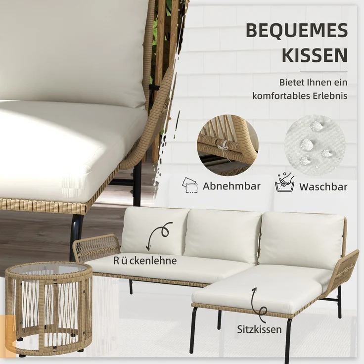 Rattan Gartenmöbel-Set Gartengarnitur mit Liegestuhl, Couchtisch, Zweisitzer & Creme Sitzkissen für Terrasse & Balkon--Cremeweiß--122x79x75cm--YOUDENOVA – Bild 5