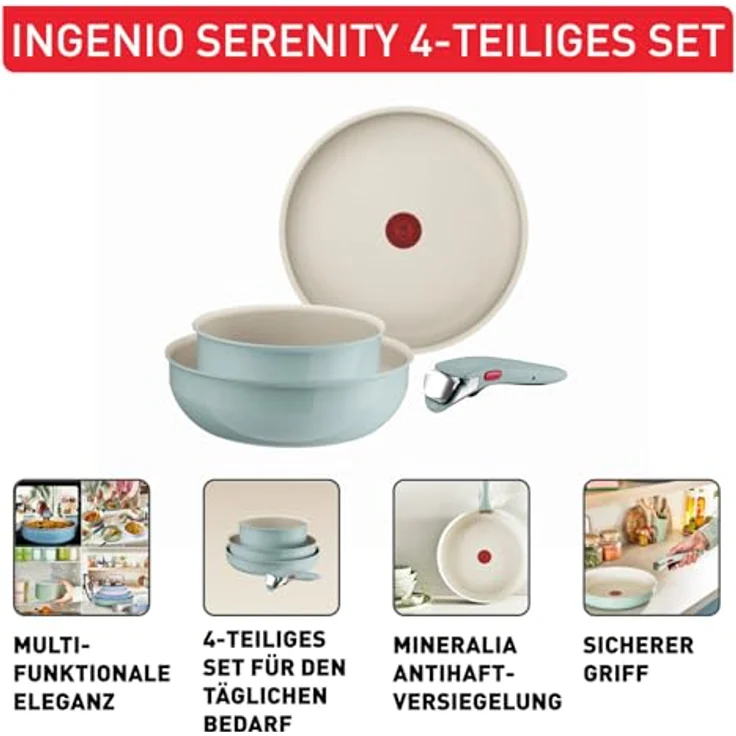 Tefal Ingenio Serenity Kochgeschirr-Set 4-teilig, Mineralia Antihaftversiegelung, platzsparend, stapelbar, für alle Herdarten, spülmaschinengeeignet, Eucalyptus, L8284S04 – Bild 4