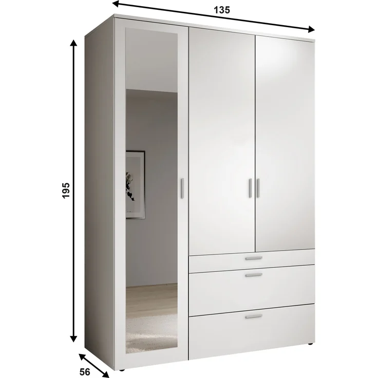 Kleiderschrank >Vesala< in Weiß mit Spiegel, Melamin - 135x195x56cm (BxHxT) – Bild 5