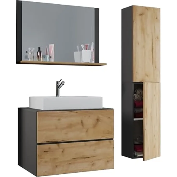 VCM Badmöbel Waschtisch Lendas 915299 Anthrazit / Honig-Eiche H. 150 x B. 80 x T. 51 cm