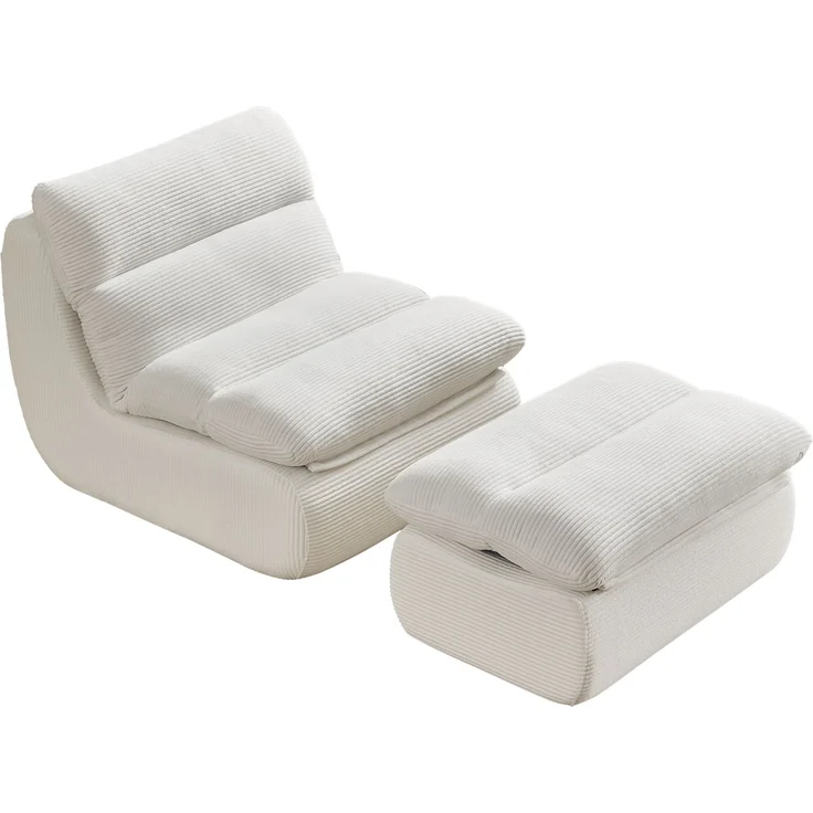 Beanbag Sofa aus Cord mit Fußhocker, 101x81x75 cm, Weiß – Bild 7
