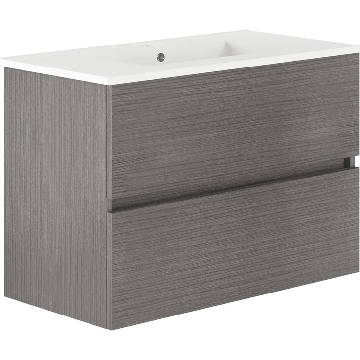 Baikal, Natura Badezimmermöbel mit reduziertem Boden, mit Keramikwaschbecken, Aufteilung mit Zwei Schubladen, montierter Schrank, Zwei Schubladen ohne Spiegel, Tiefe 39 cm, 90 cm, Asche – Bild 1