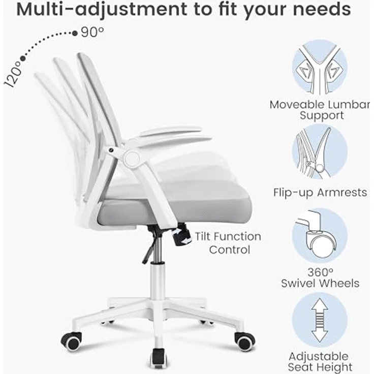 Yaheetech Bürostuhl Schreibtischstuhl mit hochklappbare Armlehnen, Drehstuhl aus Mesh, Office Chair Ergonomic, erstellbaren Lendenwirbelstütze, Wippfunktion, höhenverstellbar Hellgrau – Bild 4