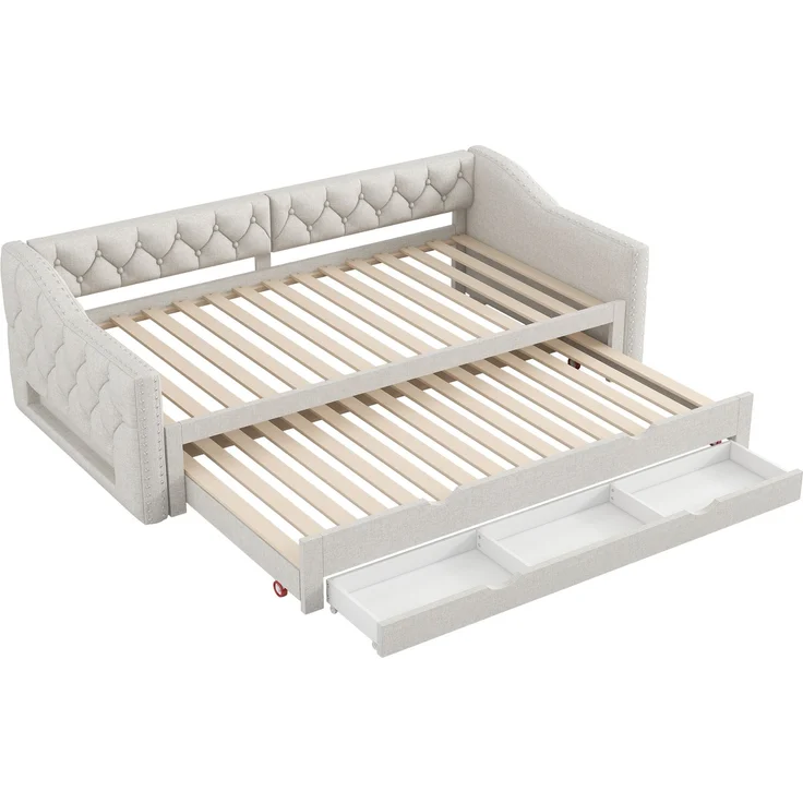 Gepolstertes Tagesbett 90x200 cm mit LED-Licht, Ausziehbett und 3 Schubladen, Beige – Bild 2