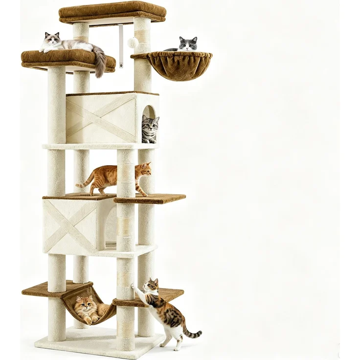 Halupeit Stabiler, zweistöckiger Katzenbaum aus Massivholz mit kontrastierendem braun-beigem Samtbezug, ideal für Haushalte mit mehreren Katzen, Maße: 52,5 x 42,5 x 187,5 cm – Bild 2