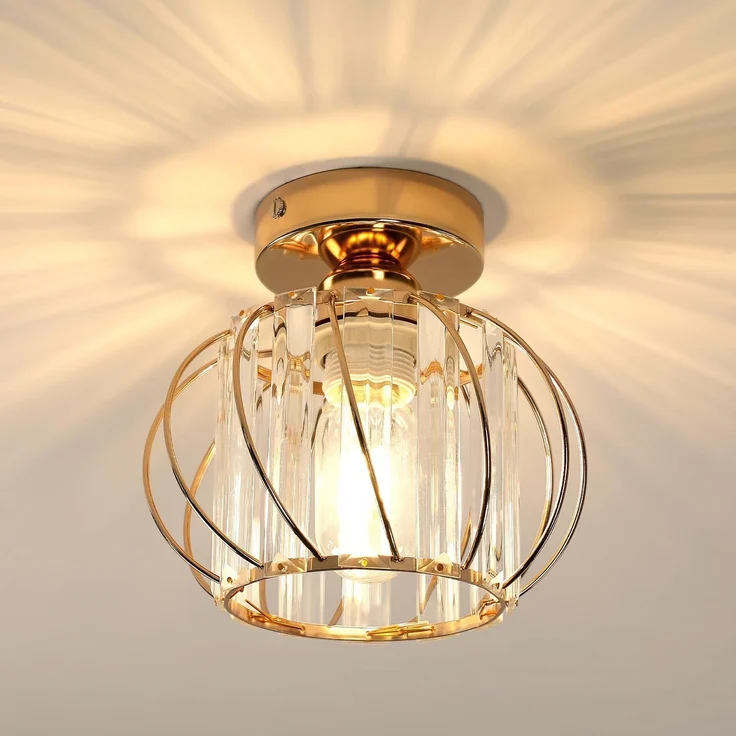 Goeco Gold Deckenleuchte Kristall, E27 Moderne Deckenlampe mit Käfig-förmigen Lampenschirm, Vintage Industrie Kronleuchter für Eingang Flur Schlafzimmer Wohnzimmer, Glühbirnen nicht enthalten