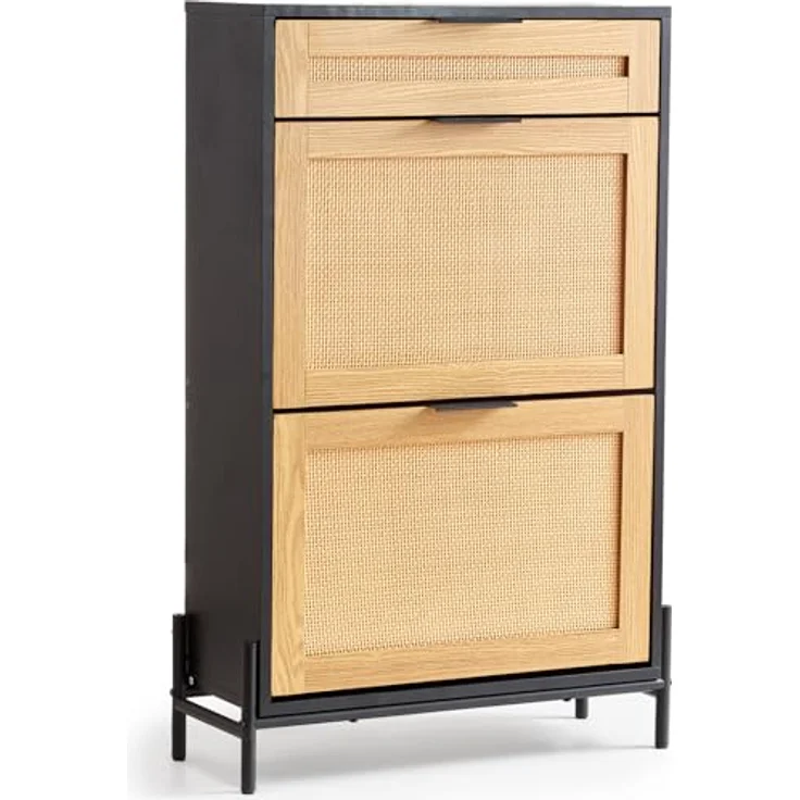 VEVOR Schuhschrank Schuhkommode aus Rattan mit 2 Klappschubladen & 1 Ausziehschublade, Metallbeine, schmaler Schuhschrank ideal für Eingangsbereich Diele Schrank Flur Schuhkipper Schwarz – Bild 2