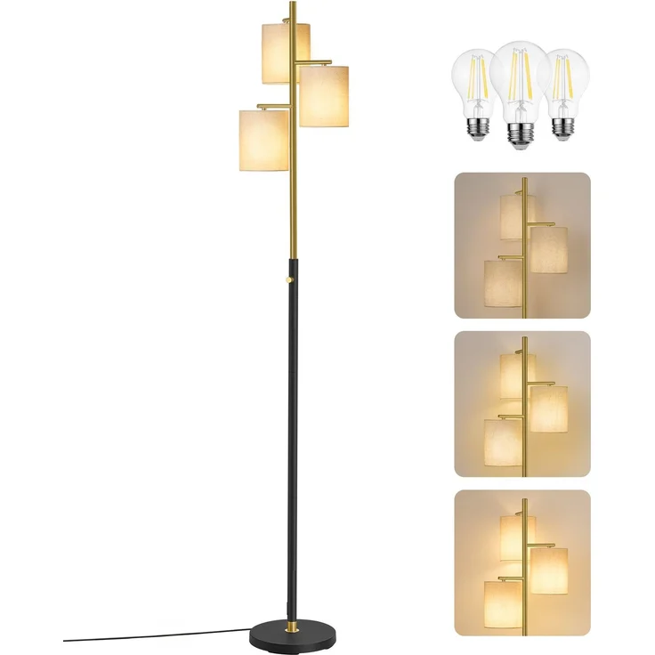 VASAGLE Stehleuchte, Standleuchte, Stehlampe mit 3 Glühbirnen, verstellbare Helligkeit, modern, Lampenschirm aus Stoff, 3 E27 Fassungen, gold-schwarz LFL003B02 – Bild 2