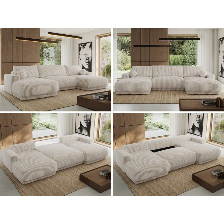 XXL Wohnlandschaft RINA U-Form 360 cm breit, Sofa mit Schlaffunktion & DL-Mechanismus, Wellenfederung, modern freistehend - Beige Cord – Bild 2