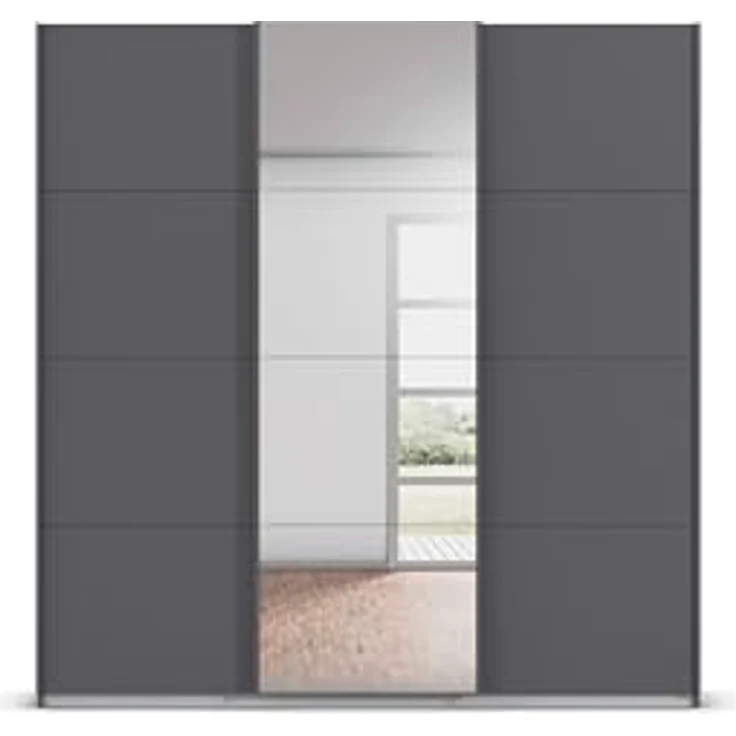Rauch Möbel Kulmbach, Kleiderschrank mit Schwebetüren für Schlafzimmer, Kinderzimmer, Jugendzimmer, Garderobe, Flur, 3-türig, mit Spiegel, Zubehör Basic, Farbe Grau metallic, Schwarz, Breite 203 cm – Bild 9