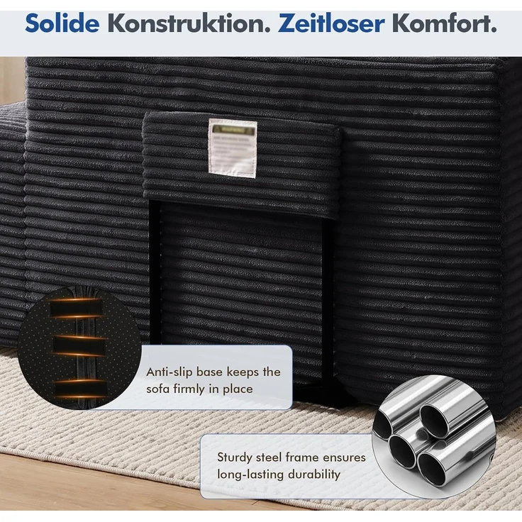 COMHOMA Ecksofa mit Schlaffunktion, 255cm Corduroy Modulares Boneless Couch mit Chaiselongue & Rücken-Metallgestell, L-Form Schlafsofa mit offenem Design, Kissen & Seitentaschen,für Wohnzimmer,Schwarz-R – Bild 8