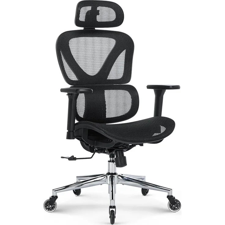 COLAMY Ergonomischer Bürostuhl – Schreibtischstuhl mit Sattel-Sitzpolster für optimale Druckentlastung, atmungsaktiv, 3D-Armlehnen, Kopfstütze, Büro/Homeoffice/Studium, Schwarz