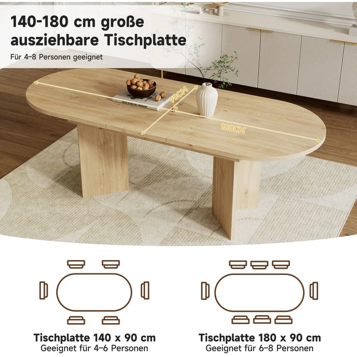 Esstisch ausziehbar 180cm×90cm×75cm in Eiche-Optik – moderner MDF-Esstisch mit abgerundeten Ecken – Bild 6