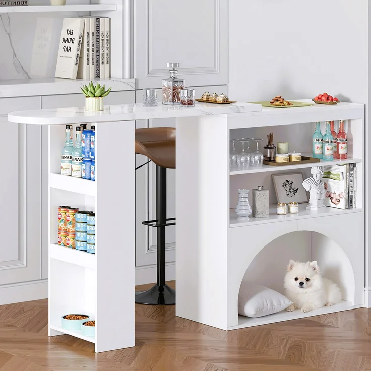 Ausziehbarer Thekentisch mit Haustierbereich, Marmoroptik, weiß, 120(+80)x40x100 cm – Bild 3
