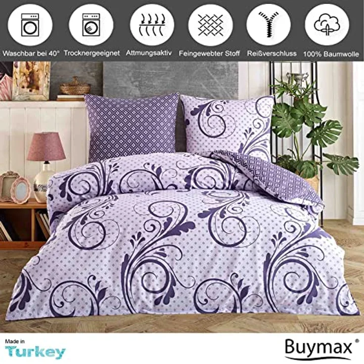 Buymax Bettwäsche Wendebettwäsche, Kissenbezug 80x80cm, Renforce: 100% Baumwolle, 3 teilig, Bettbezug-Set, mit Reißverschluss, Muster Floral Barock – Bild 3