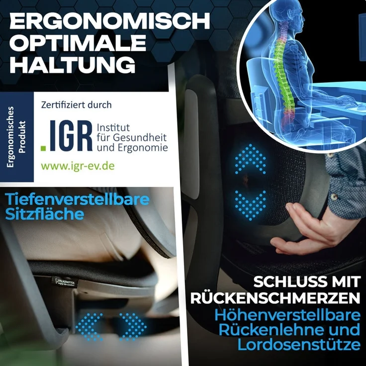 VALKENSTOL M5 POLSTER-SITZ Bürostuhl ergonomisch mit Schaumstoff Sitz - 5 Jahre Garantie - adaptive Lordosenstütze - verstellbare Sitztiefe – Bild 8