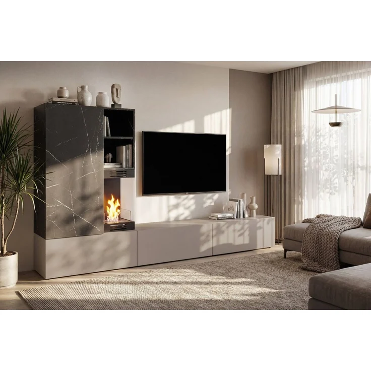 ASM-Moebel Wohnwand Anbauwand Wohnwand GINA mit Push-Click und Bio-Ethanol Kamin, Mit Bio-Ethanol Kamin und Push-Click System. – Bild 1
