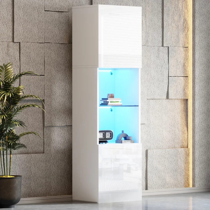 Weiße Hochglanzvitrine mit LED-Beleuchtung, 1 Glasböden, 45*35*160 cm, Vitrinen, freistehende Vitrinen, Hochschränke, Lagerschränke--Weiß--45x35x160cm--YOUDENOVA – Bild 5