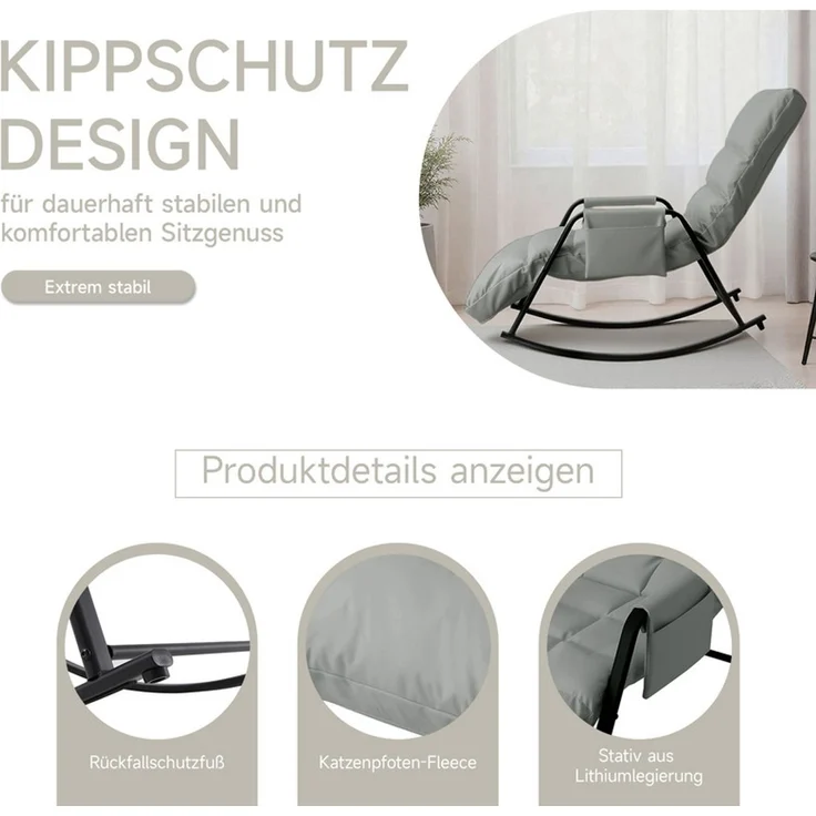 Home Nature Wohnkonzept Schaukelstuhl mit 5-fach verstellbarer Rückenlehne, Ergonomischer Relaxsessel, Lesesessel bis 160 kg, 104×56×93,5 cm, Kunstleder Hellgrau – Bild 6