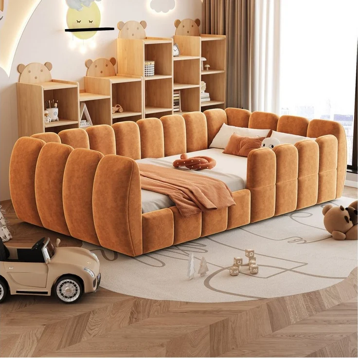 Celya Polsterbett Gepolstertes Kinder-Bodenbett, Samtbezug (Ohne Matratze, komplett geschlossenes Design, abgerundete Ecken), geeignet für Kinder-, Kleinkind- und Jugendzimmer – Bild 4