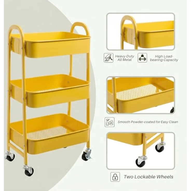 DOEWORKS Aufbewahrungswagen Rollwagen Metall 3-Etagen Utility Cart Rollwagen Servierwagen für Wohnzimmer Schlafzimmer Make-up Badezimmer Büro, Gelb – Bild 6