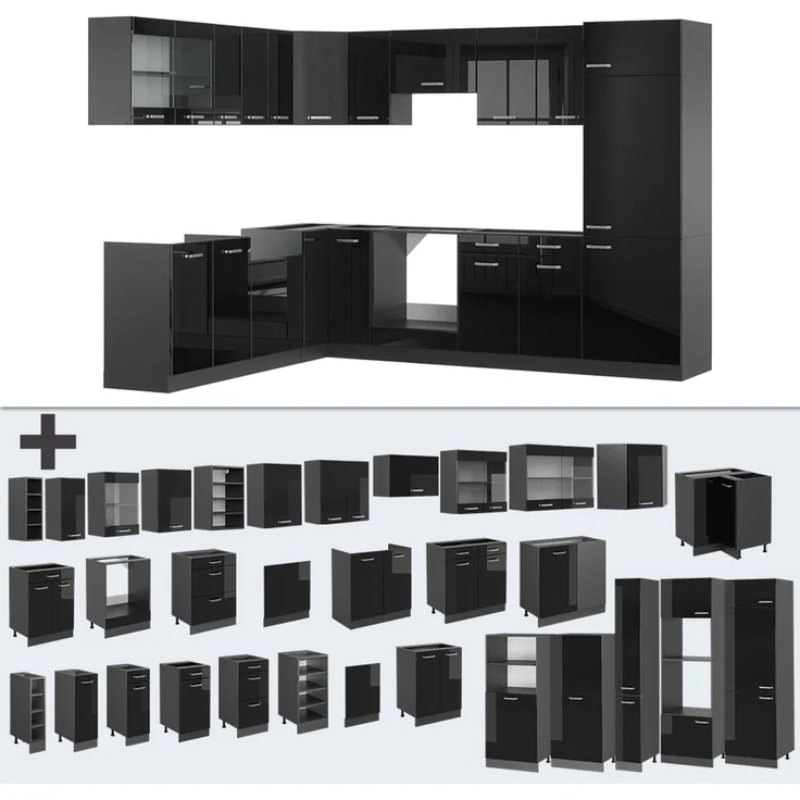 Eckküche R-Line Schwarz Hochglanz/Anthrazit 287 x 46 cm ohne Arbeitsplatte Vicco – Bild 6