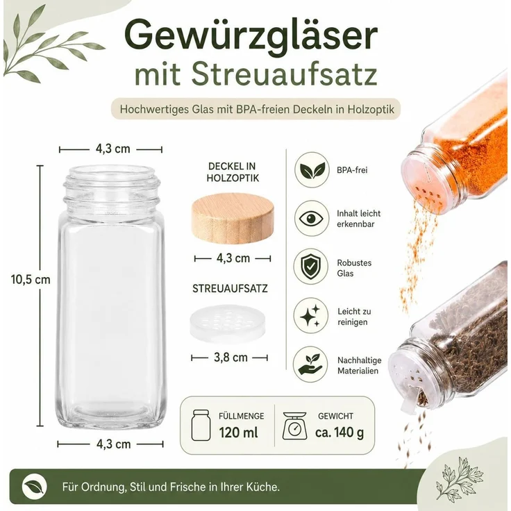 Gewürzgläser Set 12 Stück, 120ml mit Deckel, Bambus, Gewürzstreuer – Bild 6
