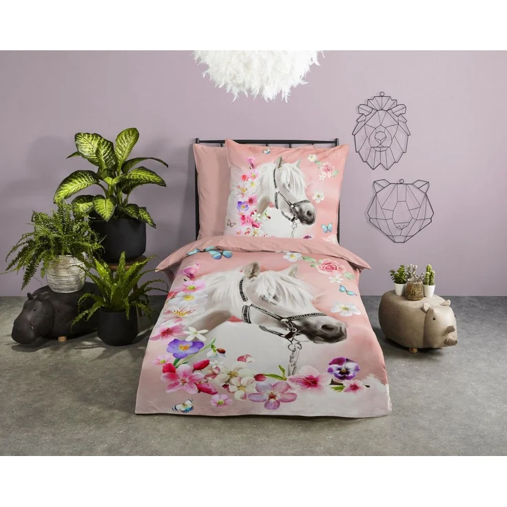 soma Bettwäsche kinderbettwäsche 135x200 mädchen bettwäsche 135x200 kinder sale Pferd, Renforcé, 2 teilig, Reißverschluss Wende Kind Mädchen Einhorn Rosa pink Unicorn Pferd – Bild 1