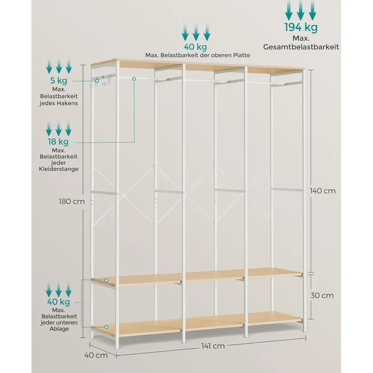 SONGMICS Kleiderschrank offen, Kleiderständer, Garderobenständer, Garderobe mit Kleiderstange, Ablagen, abnehmbare Haken, 40 x 141 x 180 cm, naturbeige RGR005W67 – Bild 6