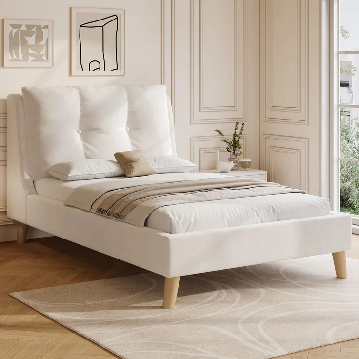 Polsterbett mit Lattenrost und Kopfteil, 90x200 cm, gepolsterter Kopfteil, Einzelbett, Kinderbett, Samt