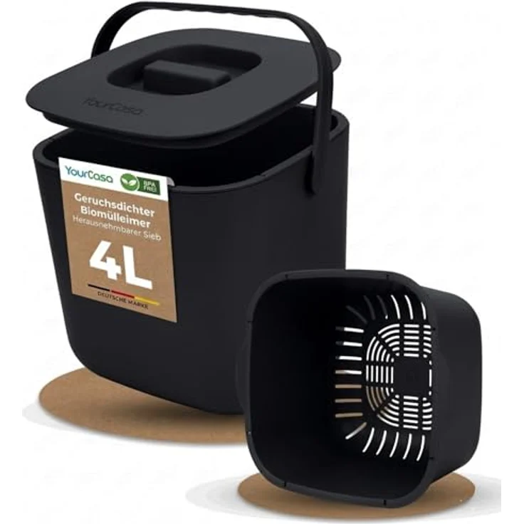 YourCasa Biomülleimer Küche - 4L Komposteimer für alltäglichen Biomüll Behälter - Spülmaschinenfest - Geruchsdicht - Sieb - Bio Mülleimer klein mit Deckel Eimer Bioabfallbehälter Biotonne (4L Schwarz) – Bild 2