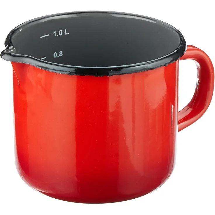 KRÜGER 1712RO Milchtopf mit Ausguss 1000 ml Rot-Grau mit Literskala, Stahlemaille
