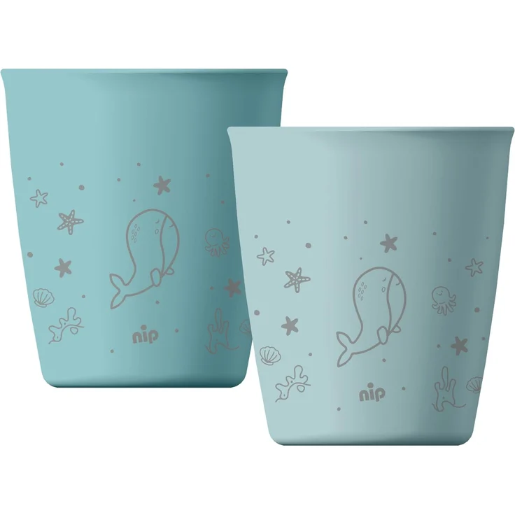 nip 2er Set Trinkbecher ab 12 Monaten bruchfest stapelbar, blau | leichte Trinklernbecher mit Tiermotiv spülmaschinengeeignet mikrowellengeeignet Kindergeschirr für Camping unterwegs & Alltag