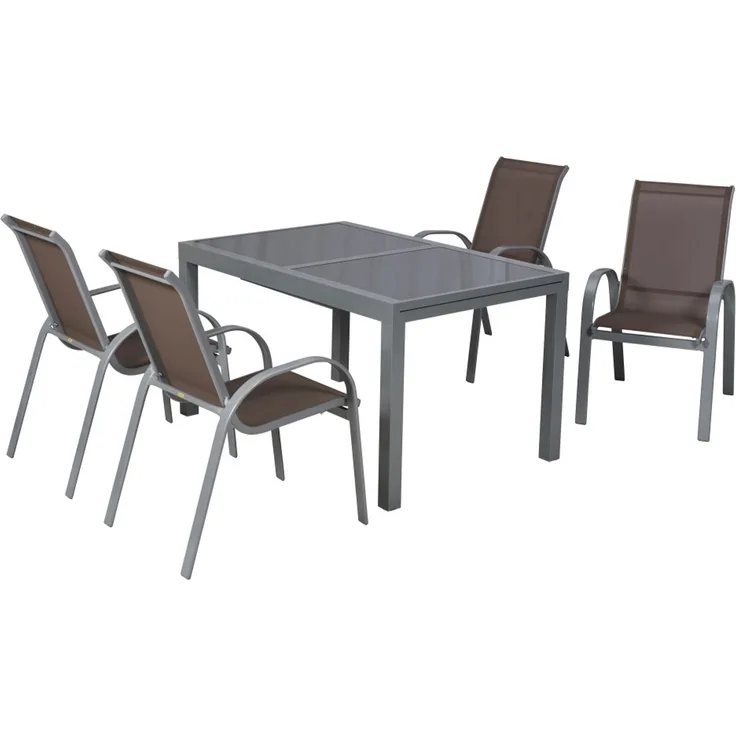 Amalfi Gartenmöbel Set 5tlg, 4 Stapelsessel, Ausziehtisch 160 (220) x 90 cm, Aluminium/Textil