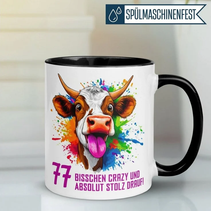 Momentals Tasse 77. Geburtstag Mann Frau – Crazy und Stolz drauf – Männer Frauen, Gratis Versand · Links-&Rechtshänder · Spülmaschinenfest – Bild 2