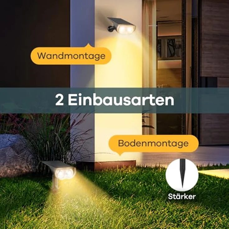 Linkind LED Solar Gartenlampen 800LM Licht-Sensorik Solarleuchten, 3000K Warmweiß Solarlicht, 22 LEDs IP65 Gartenstrahler Außenwandleuchte, 3 Modi Solarstrahler Außen StarRay, Garten Deko, 4 Stück – Bild 10