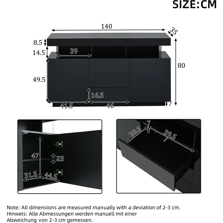 DESVIAE Sideboard mit LED-Beleuchtung und 3 Schubladen 140x80x35 cm Spanplatte/Acryl Schwarz – Bild 10
