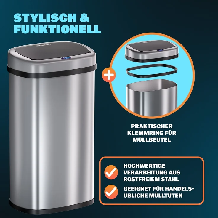 MONZANA® Mülleimer mit Sensor Küche 50L Silber – Bild 6