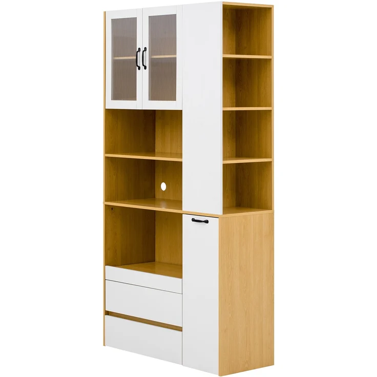 Merax Highboard mit verstellbaren Regalböden und Schubladen, Buffetschrank mit ausziehbaren Regalböden und Riffelglas(Weiß+Natur) – Bild 10