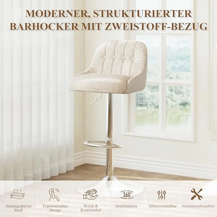 MALOL 360° Drehbarer Höhenverstellbarer Barhocker, Bar Hocker 4er Set mit Rückenlehne, Moderner Küchenhocker mit Metallfuß für Theke, Esszimmer, Barstuhl mit Kombination aus Leder und Bouclé, Beige – Bild 8