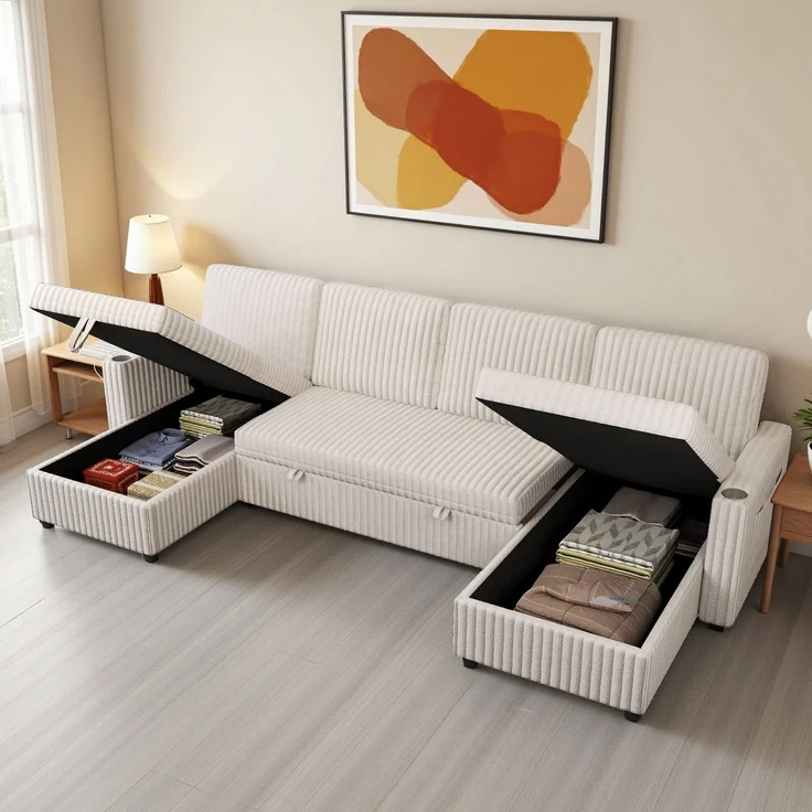 ZUBALIYA SchlafSofa mit USB - Anschluss, mit Stauraum, mit Ausziehbett, mit Cordbezug, modular aufgebaut, Beige – Bild 6